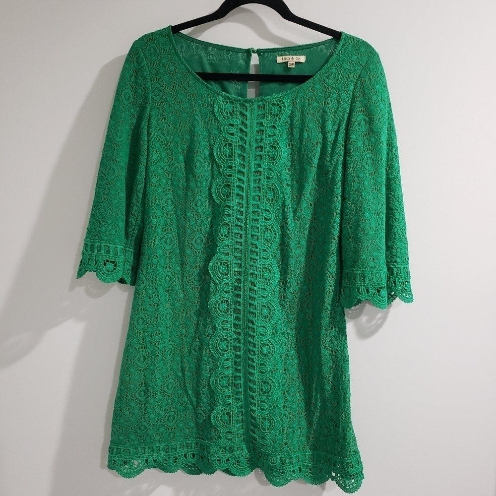 Lucy & Co. Bell Sleeve Green Mini Lace Tunic Top Small / Medium